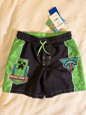 Minecraft Kids Black & Green Swim Shorts with Creeper and Pickaxe Graphics